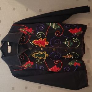 New Direction Christmas Cardigan Jacket Size S, Red Black, Embellished holiday